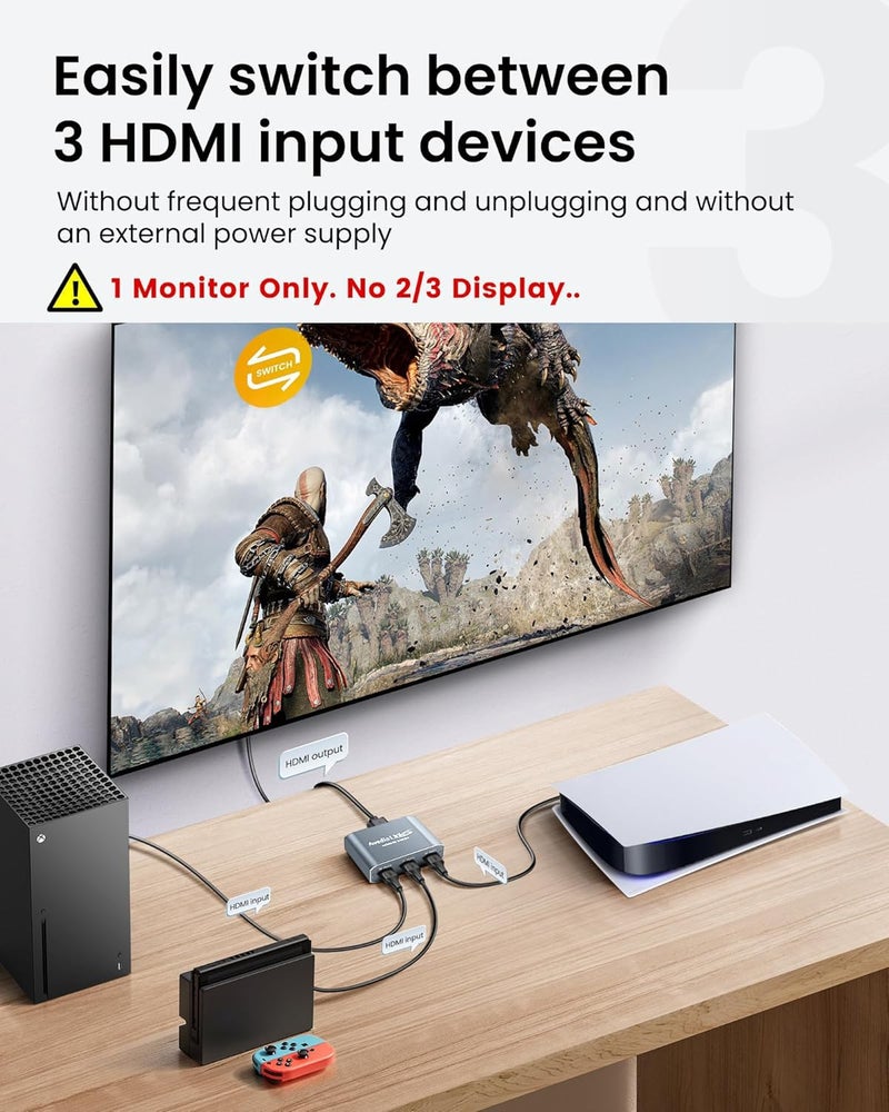 avedio links HDMI Switch 3 in 1 Out 4K@60Hz Aluminum Alloyã€with 4FT HDMI 2.0 Cableã€‘, 3x1 4K HDMI Switch Box, 3-Port HDMI Selector Switcher Support HDCP 2.2, HDR 10, for Fire TV Stick, PS5 - Image 2